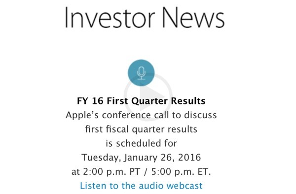 Apple to Announce Q1 2016 Earnings on The month of january 26